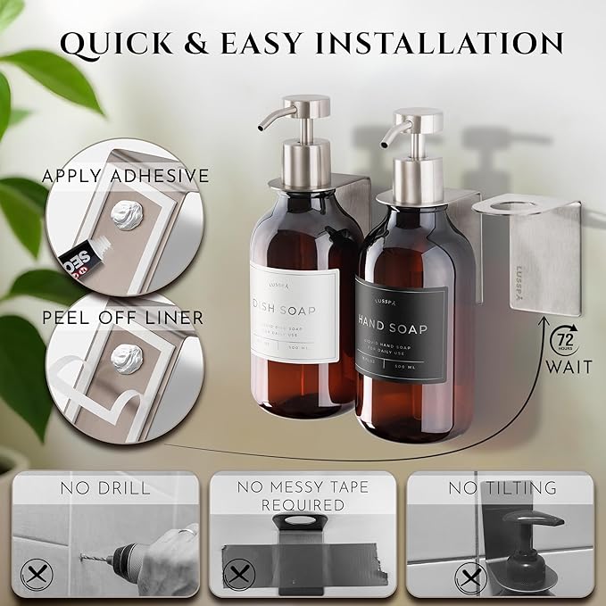 Shower Shampoo Dispenser Wall Mounted – 3 Refillable 16.9 oz Amber Bottles with Stainless Steel Pumps &amp No-Drill Adhesive Holders – Soap Dispenser Set for Bathroom (3 X Amber/Silver)