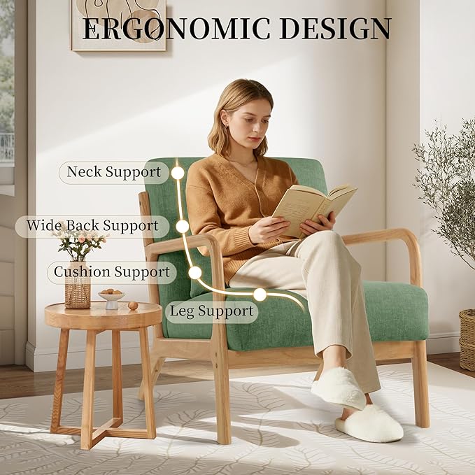 Accent Chair with Pillow Upholstered Mid Century Chair Living Room Chair Comfy Reading Chair with Thick Cushion Solid Wood Frame Armchair for Small Space Bedroom Balcony Green Set of 2