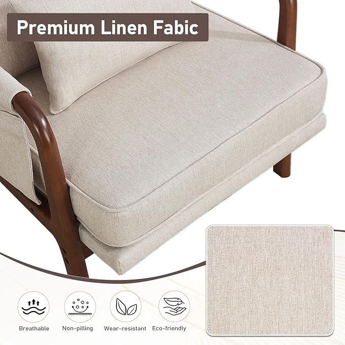 ANJ Mid Century Modern Accent Chair Lounge Reading Armchair with Extra Side Pocket &amp Detachable Cushion Comfy Fabric Accent Chairs for Living Room BedroomBeige