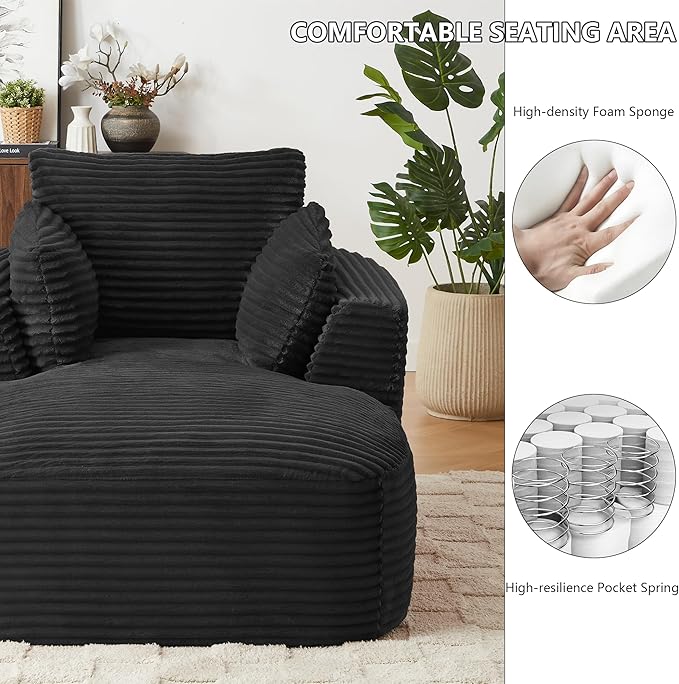 45.3W Boneless Chaise Lounge Sofa Chair Indoor Oversized Corduroy Reading Cloud Couch with Soft Pillows Comfy Single Seat Floor Sleeper Sofa Bed for Living Room Apartment Office Small Spaces