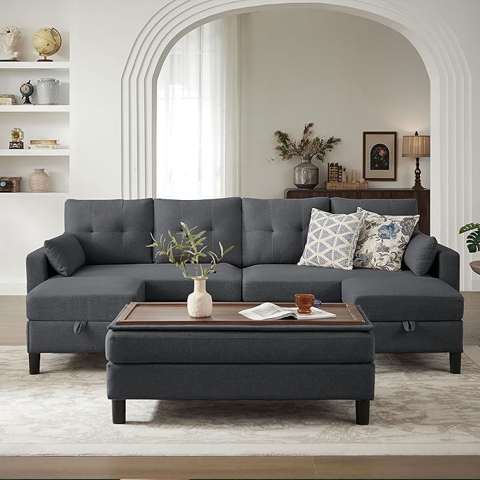 Convertible Sectional Sofa with Storage Ottoman Bench 101 U Shaped Couch 4-Seat Sofa Set for Living Room/Apartment Sectional Couch with Movable Ottoman Darkgrey