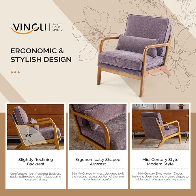 VINGLI Chenille Mid-Century Modern Accent Chair Cute Reading Arm Chair with Cushion &amp Lumbar Pillow &amp Solid Wood Frame for Lounge Living Room Reading Room Bedroom Light Purple