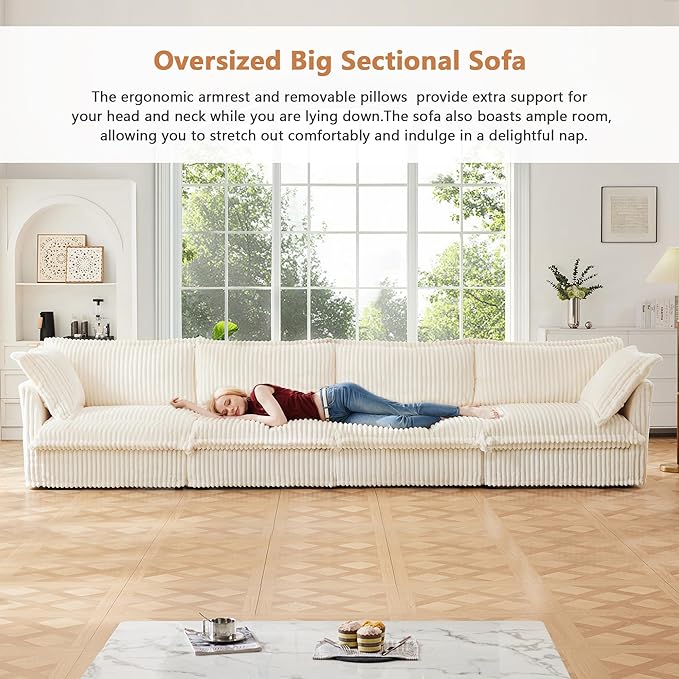 Aoowow Oversized Modular Sectional Sofa 156.6” Corduroy Comfy 4-Seat Sofa Couch Upholstered Deep Seat Couches with Big Toss Pillows for Living Room Apartment OfficeCream-Corduroy