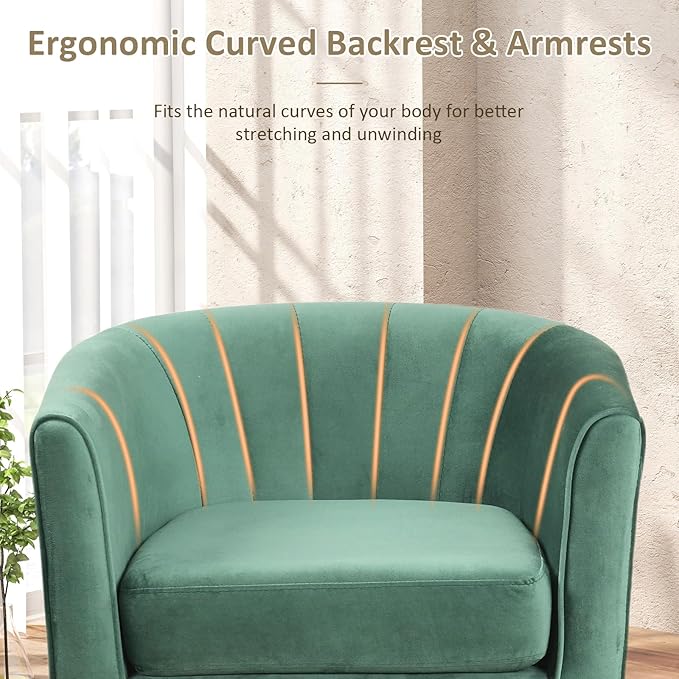 Accent Chair with Ottoman Upholstered Velvet Club Barrel Reading Chair with Footrest Modern Comfy Round Barrel Chairs for Bedroom Living Room Small Reading Spaces (1 Green)