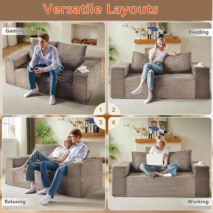 Cloud Loveseat Sofa 71 Boneless Couch with Deep Seat No Assembly Required Comfy Corduroy Small Sofa for Living Room Bedroom Apartment (Camel)