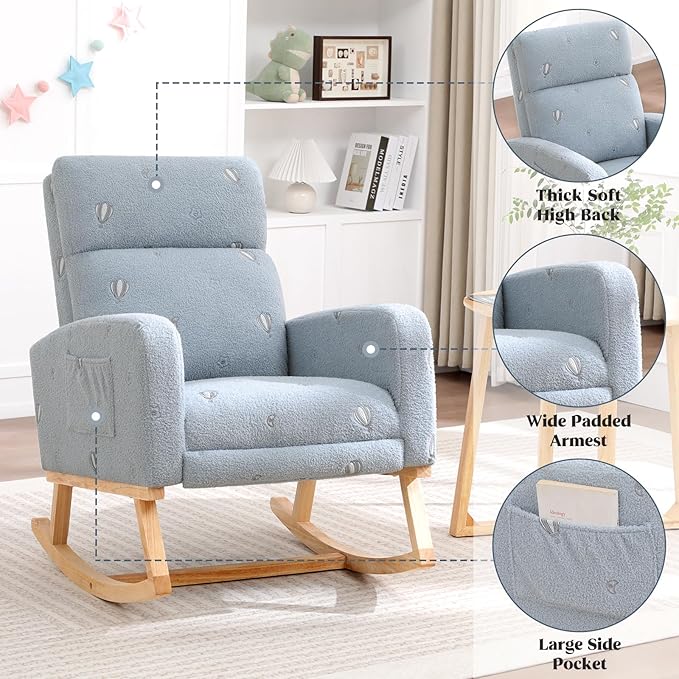Rocking Chair Nursery with Foot Rest Nursing Rocking Chairs for Mom Breastfeeding Teddy Rocker Glider Chair with High Backrest for Living Room Bedroom Blue Printed