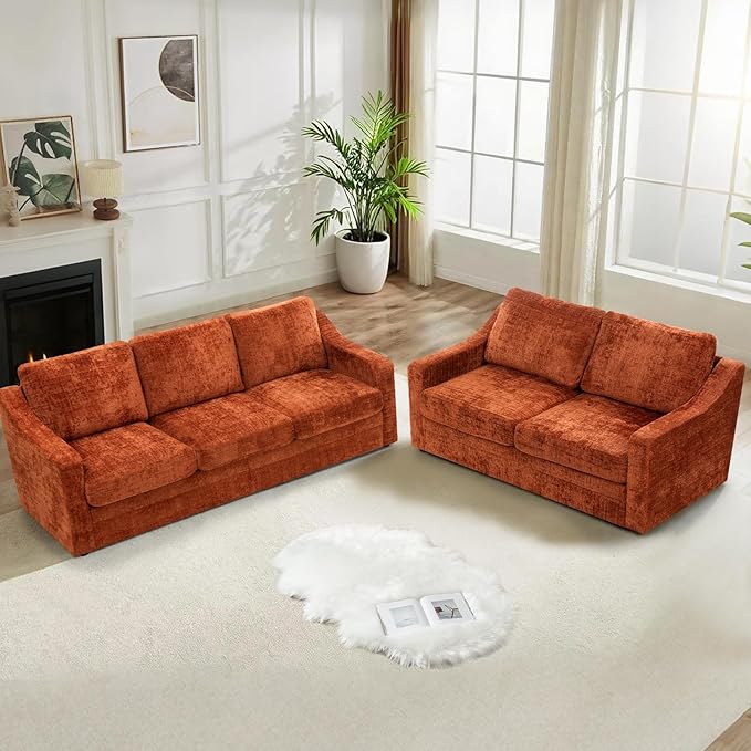 2 Pieces Chenille Sofa Sets w/Comfortable Back Cushions Modern Loveseat &amp Sofa w/Deep Seat Space Upholstered 2 Seat &amp 3 Seats Couch Sets w/High Resiliency Foam for Living Room Office Orange