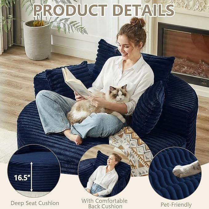 55 L Corduroy Sponge Single Sofa Oversized Round Chair Fluffy Modern Sleeper Chairs for Living Room Lounge and Projection Room Wide Armrest Lounge Chairs Armchair with Pillow Blue