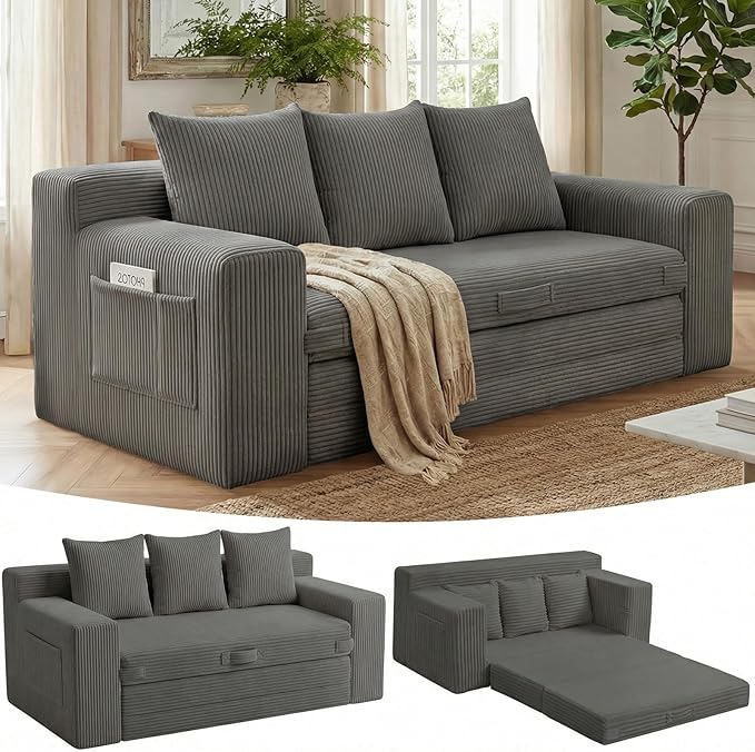 Boneless Couch Sleeper Sofa Bed: 3-in-1 Convertible Sofa Bed with Side Pockets &amp HandlePull Out Couch with 3 PillowsFolding Futon for Small SpaceLiving Room &amp Bedroom