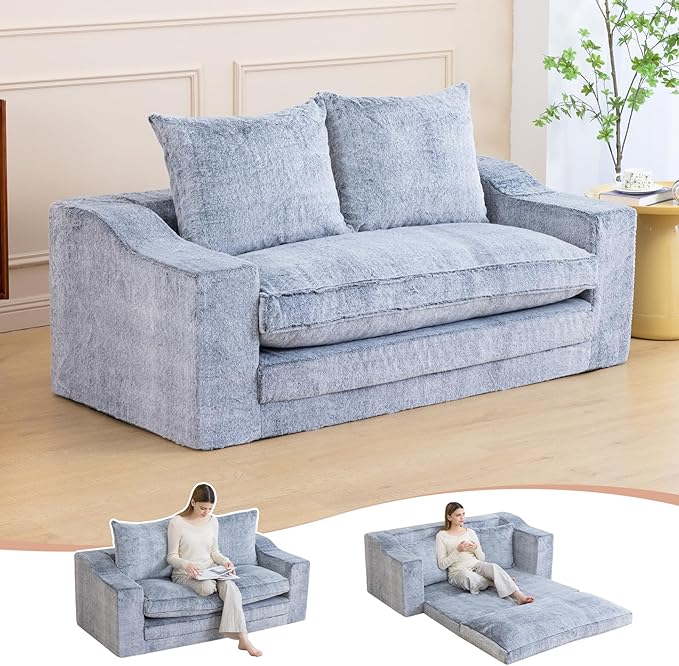 Loveseat Oversized Folding Sofa Bed Convertible Sleeper Chair Bed with Pillows &amp Wide Armrest Comfortable Floor Couch for Living Room &amp Bedroom(Fur Grey) | Foldable