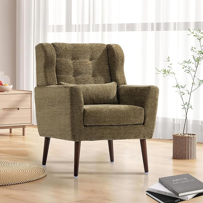 Mid Century Modern Accent Chair Plush Chenille Fabric Sturdy Wood Legs Armchair for Living Room Bedroom Office Olive Green