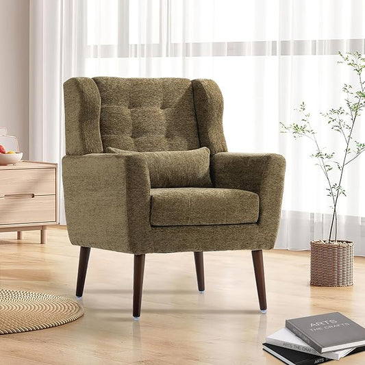 Mid Century Modern Accent Chair Plush Chenille Fabric Sturdy Wood Legs Armchair for Living Room Bedroom Office Olive Green