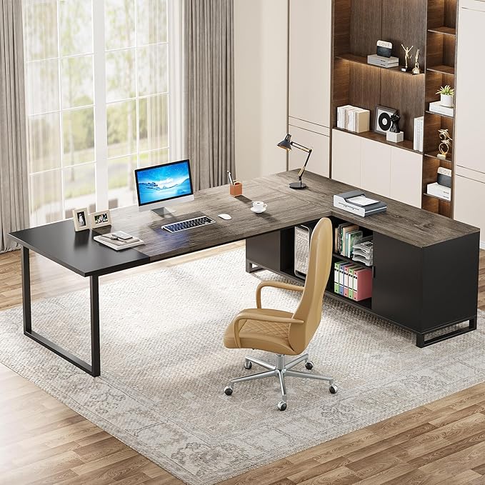 Tribesigns 70.8 Executive Desk with 55 File Cabinet Industrial L Shaped Computer Desk with Storage Shelves and Cabinet Large L Shaped Executive Desk for Home Office Retro Gray &amp Black