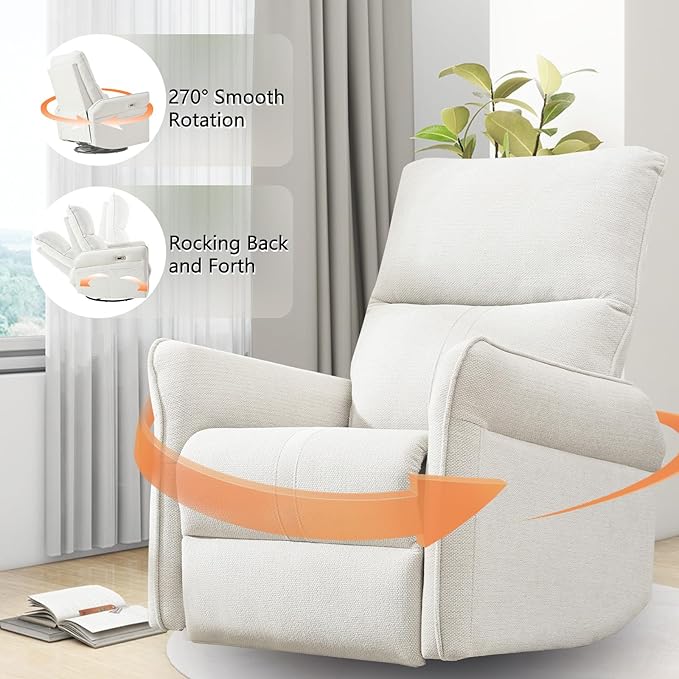 cinkehome Power Swivel Rocker Recliner with USB Overstuffed Electric Reclining Chair Snowflake Fleece Rocker Recliner for Nursery Living Room