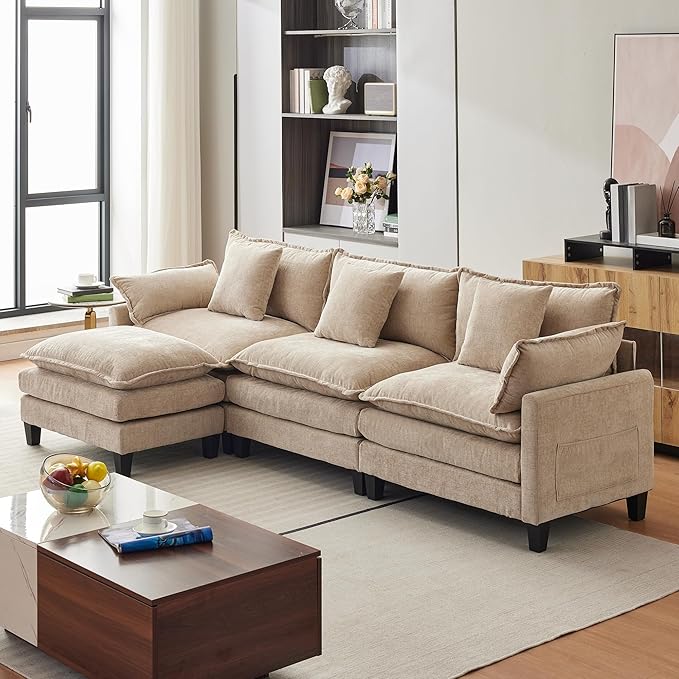 112 Modular Sectional Sofa L-Shape Cloud Couch/Deep Seat/Armrest/Plush Corduroy Fabric No Assembly Required Space-Saving 170 Pounds Chenille Combo Set with 1 Footstool for Living Room
