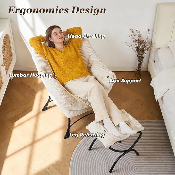 QQU Lazy Chair with Ottoman Corduroy Lounge Armchair Reading Chair with Footrest for Living Room Balcony Study (Beige)