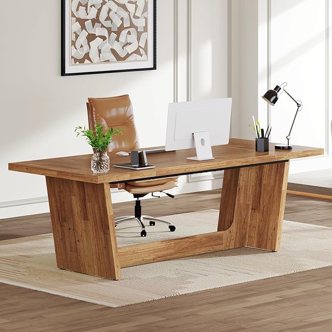 Tribesigns 70.87-Inch Executive Computer Desk: Large Home Office Desk with Solid Wooden Pedestal Industrial Wood Study Writing Table Workstation Business Furniture Walnut