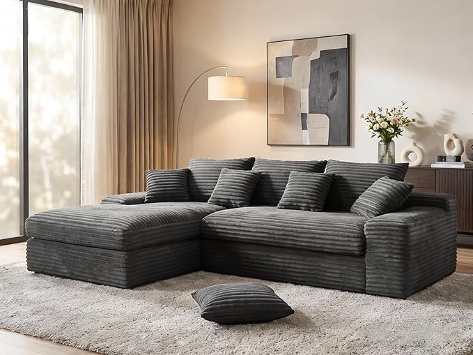 Modern Cloud Sectional Couch with L-Shape Chaise Modular Boneless Sofa with Deep Seat Comfy Plush Upholstered Couches for Living Room Apartment No Assembly Required Grey (Corduroy)