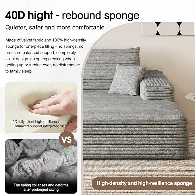 80.3''Oversized Double Lounge Chaise Sofa Bed Boneless Cloud Couch Deep Seat No Assembly Required Modern Corduroy Sleeper Loveseat Chair for Living Room Bedroom Reading(Grey)