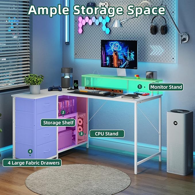 Somdot 53 L Shaped Desk with 4 DrawersReversible Home Office Desks with Power OutletsGaming Desk with USB Charging Port and Host StandCorner Desk with Storage Shelves for GamingWhite Leather