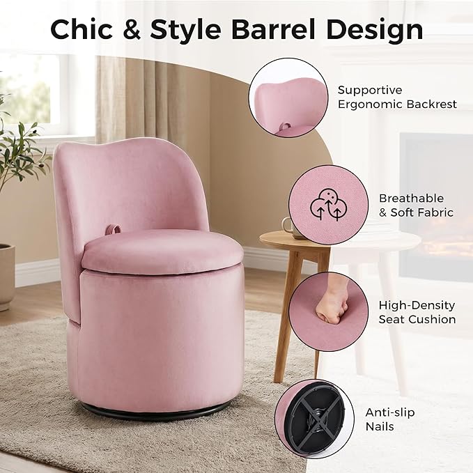 Velvet Vanity Chair with Storage 360° Swivel Makeup Chair with Back Modern Swivel Accent Stool Barrel Chair Upholstered Ottoman Vanity Stool with Back for Bedroom Dressing Living Room Pink