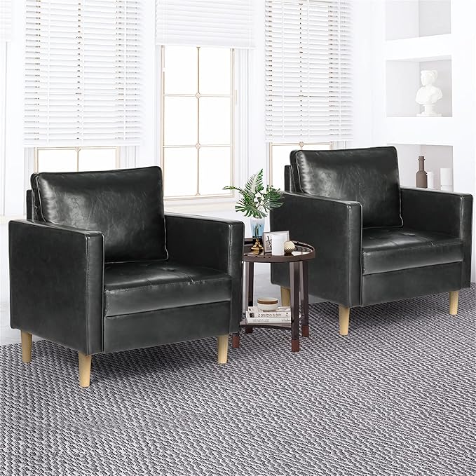 STHOUYN Black Faux Leather Accent Chairs Set of 2 Small Living Room Bedroom Chairs Comfy Reading Chair Single Sofa for Adults Suitable Small Spaces Office Couch Easy Assembly
