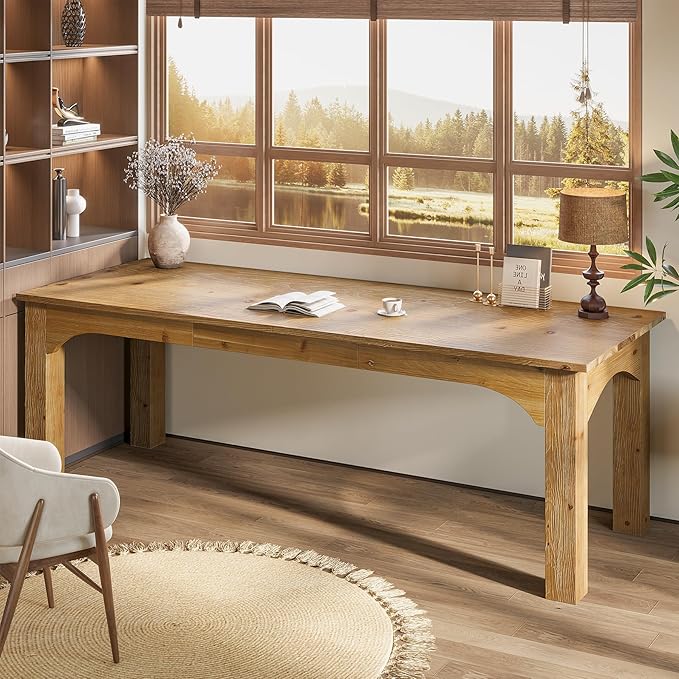 Solid Wood 2-Person Desk 79-Inch Extra Long Desk Double Computer Writing Table Farmhouse Large Table Writing Workstation for Home Office Natural Brown