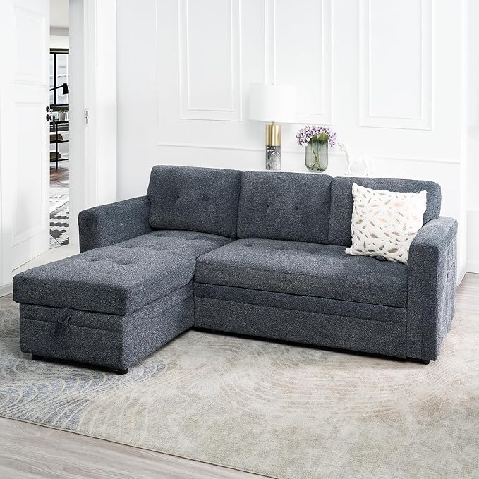 Naomi Home Lily Sectional Sleeper Sofa with USB Ports-M-Shaped Couch Convertible Pull-Out Bed Ample StorageTimeless DesignSturdy ConstructionLong-Lasting for Modern Living - Gray Microfiber