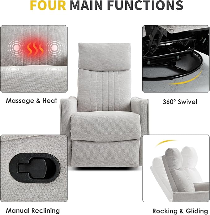 Swivel Rocker Recliner Chair 360° Swivel Recliner with Heat and Massage Rocker Recliner Nursery Glider Chair with Side Pockets for Living Room (Light Grey Fabric)