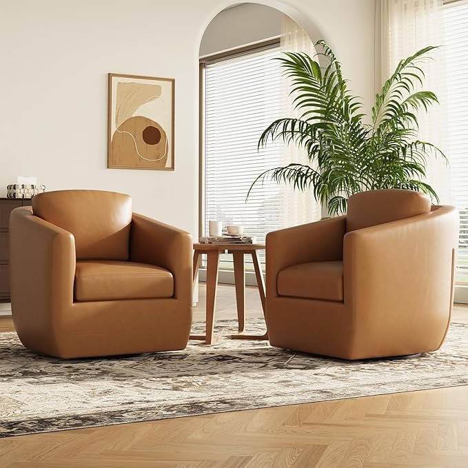 COLAMY 360° Swivel Accent Chair- Comfy Living Room Armchair No-Sag Foam &amp Sturdy Metal Base with Pillow Fully Assembled Swivel Accent Single Sofa for Bedroom Living Room Office Brown