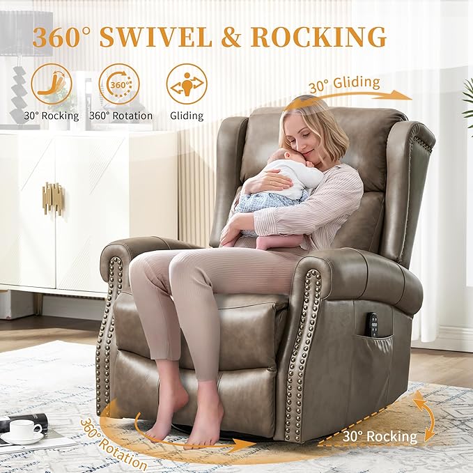 360° Swivel Glider Chair for Nursery Wingback Genuine Leather Rocking Recliner with Lumbar Heat &amp Massage 8-Point Vibration Massage for Living Room Bedroom