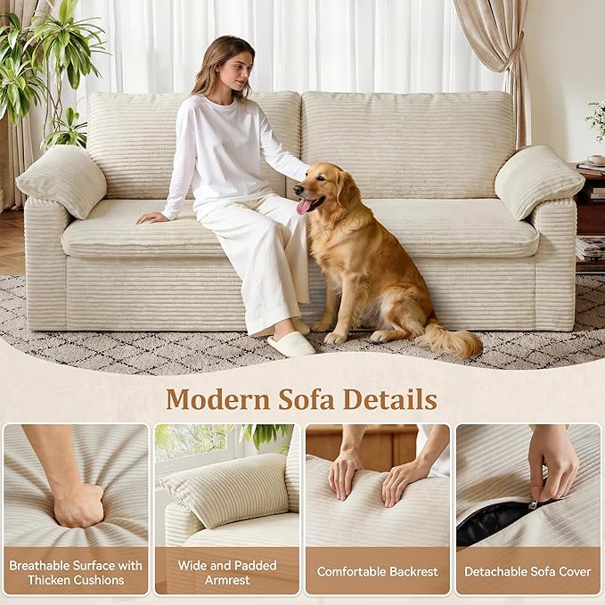 WEUP 86 Loveseat Sofa Beige Corduroy Couches for Living RoomMid Century Modern Love SeatSuper Comfy Cloud SofasDeep SeatWide ArmrestSturdy Frame for Bedroom Apartment Office