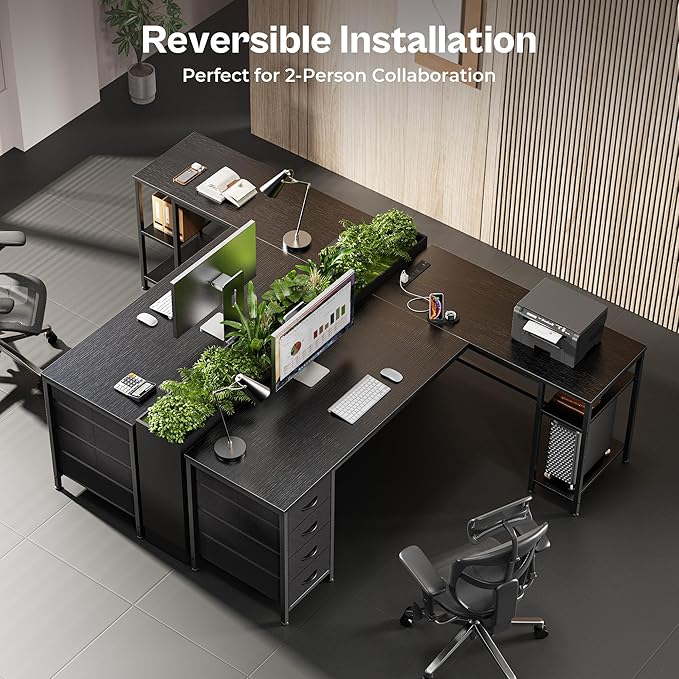 Huuger 63 Inch L Shaped Desk with Fabric Drawers Reversible Computer Gaming Desk with Power Outlets and USB-C Port Adjustable Side Storage Shelves for Work Study Corner Home Office Black