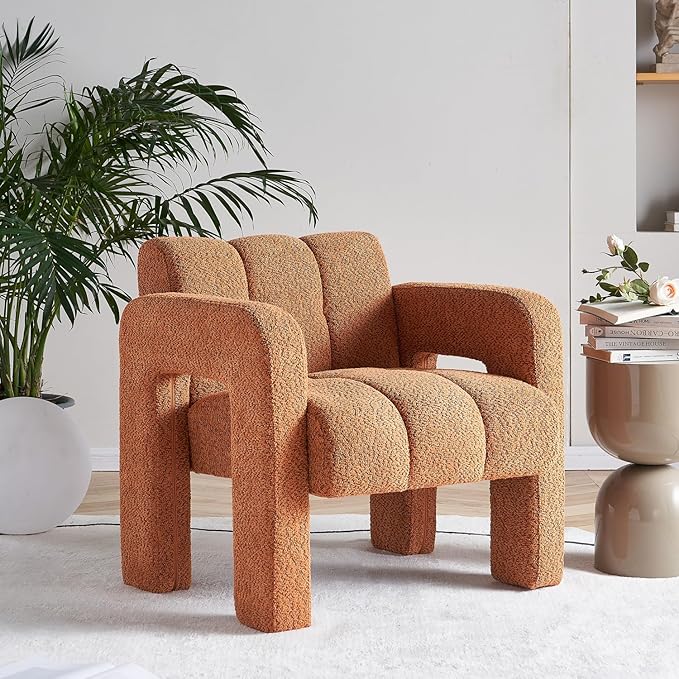 Accent Chair Living Room Chair Modern Comfy Reading Chair for Bedroom Upholstered Boucle Fabric Side Chair Armchair for Living Room Office (Orange)