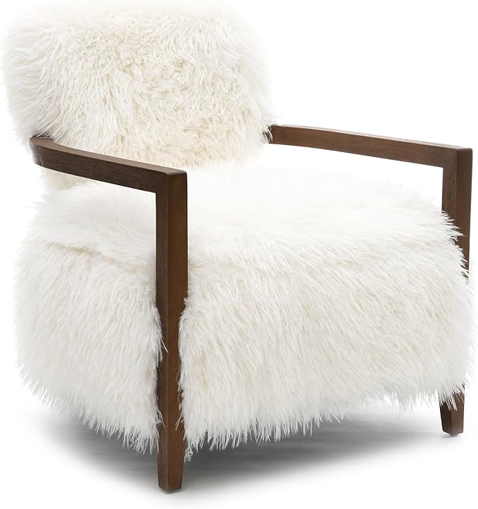 Furniture of America Ramos Modern Accent Chair with Ultra Soft Faux Fur Long-Haired Accent Sofa Tight Seat and Back Single Couch Fluffy Living Room Seating No Assembly Needed White