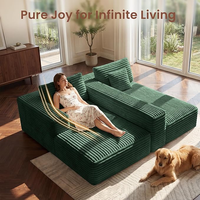Modular Sectional Couch | CNest-LL 107 Left-Facing L-Shaped Cloud Sofa with High-Density Foam Boneless Floor Couch Cozy Thickened Corduroy Couch 1400lbs Support | Emerald Green