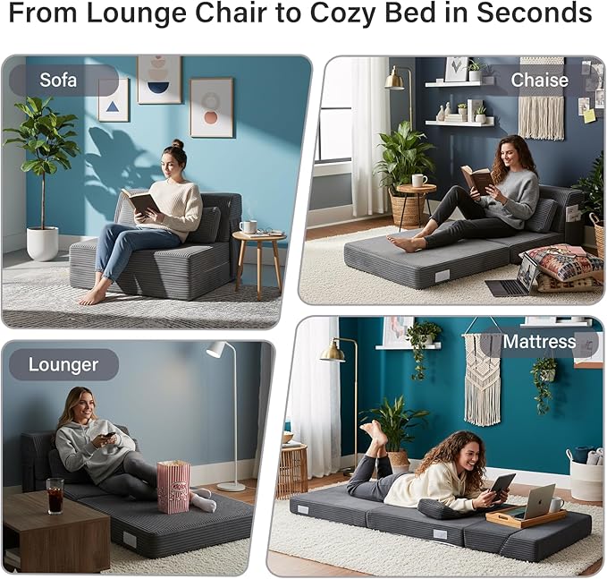 Folding Sofa Bed with Pillow Convertible Sleeper Chair Comfy Floor Futon Couch Mattress Lounge Lounge Sofa for Adults Portable Fold Out Chair Bed for Living Room Bedroom Single Gray