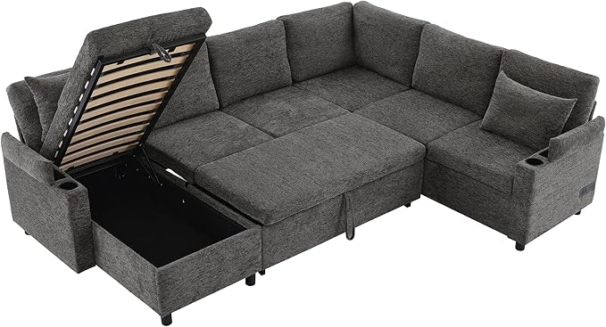 109.9 Modern Sectional Sofa Pull-Out Sofa Bed Sleeper with Storage Ottoman and 2 Cup Holders Chenille Convertible U-Shaped Couch Bed for Living Room (Grey-3.13)