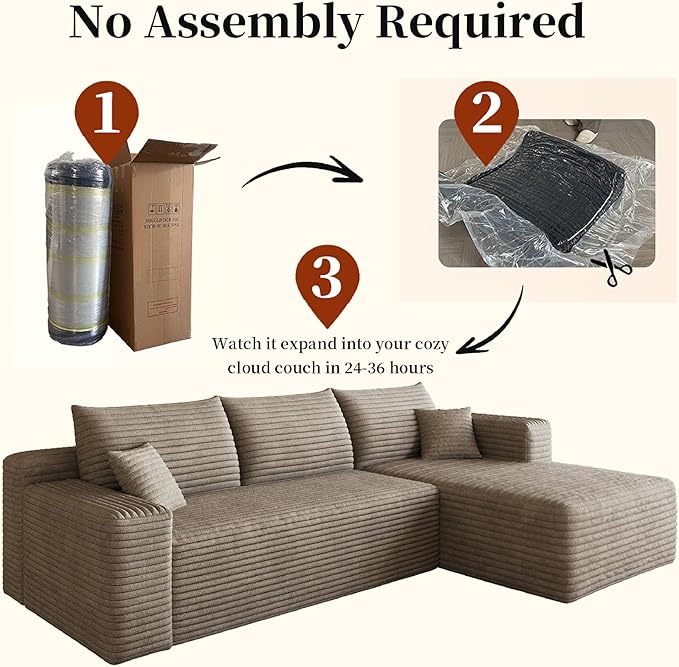 96 Cloud Small Sofa for Small Space L-Shaped Modular Sectional with Chaise for Apartment and Dorm Camel Corduroy Deep Seat Boneless Couch No Assembly Required (Camel Right Facing Chaise)