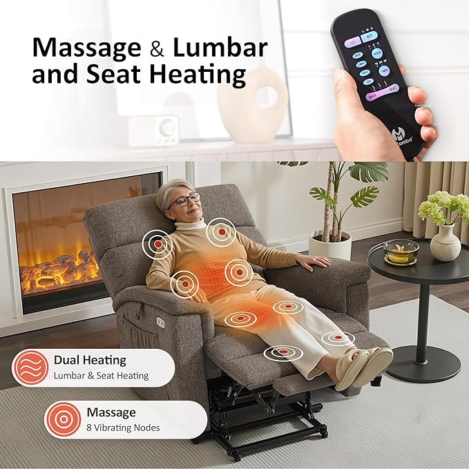 MCombo Power Lift Recliner Chair with Massage and Dual Heating Adjustable Headrest Extended Footrest for Elderly People Fabric R7605 (Mocha)