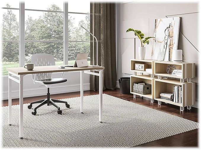 Safco Modern Home Office Desk Beige Wood Laminate White Powder Coat Steel Frame