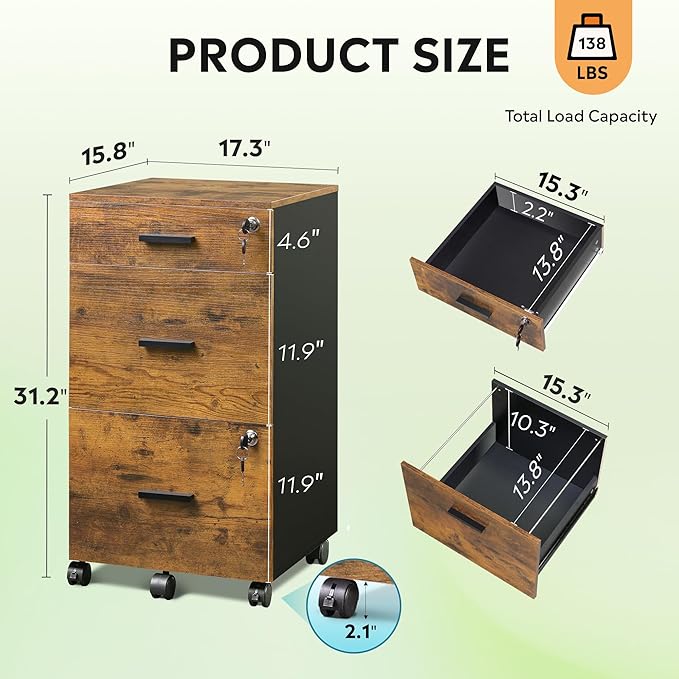 DEVAISE 3 Drawer Rolling File Cabinet with Lock Wood Filing Cabinet fits Letter / A4 Size for Home Office Rustic Brown