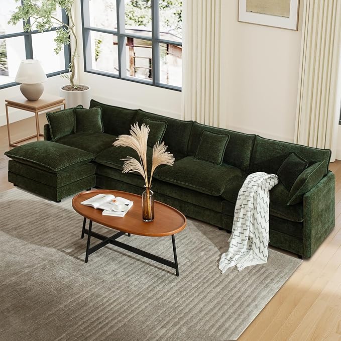 149.6 Oversized Modular L-Shaped Sectional Sofa with OttomanChenille 4-Seat Deep Seating Couch for Large Living Room &amp Home TheaterGreen | High-resilience Foam Deep Seat Medium Soft Removabl
