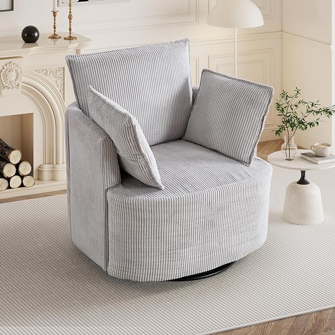 Bonzy Home 360° Swivel Accent Chair Comfy Corduroy Swivel Barrel Chair with 2 Soft Pillows Single Sofa for Living Room Bedroom Light Grey