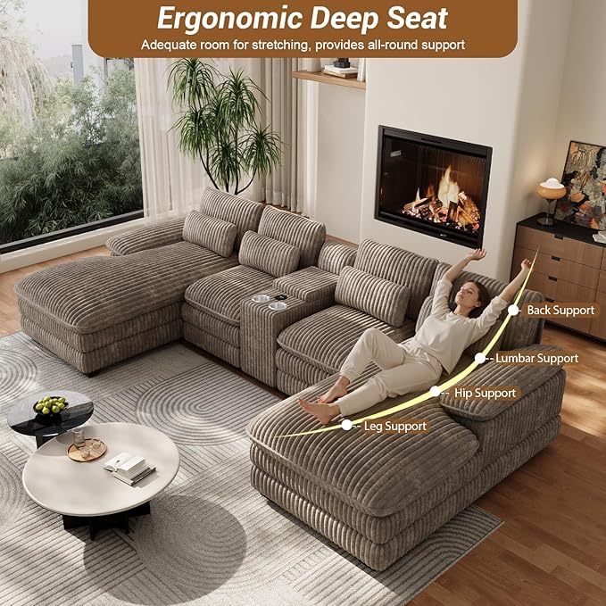 133 Oversized U Shaped Cloud Couch Modular Sectional Couches for Living Room Comfy Corduroy Deep Seat Sofa Set with Double Chaise Lounge Storage Central Console Cup Holders USB Port Brown