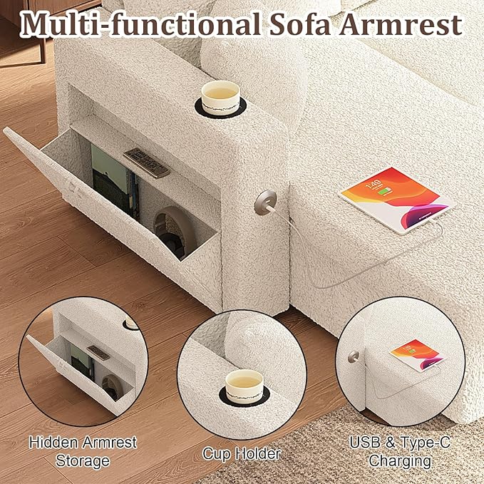 Sleeper Sofa Bed 4-in-1 Pull Out Couch with Reversible Chaise | Dual USB &amp Type-C Charging | Dual Cup Holders | Layered Storage (Armrest + Chaise) for Living Room Apartment Home Office (White)