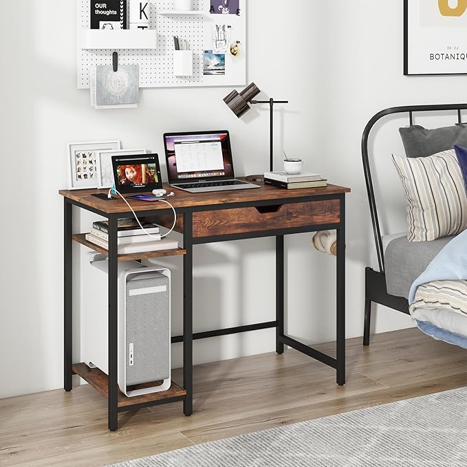 Tangkula Computer Desk with Charging Station 40” Industrial Home Office Desk with Drawer &amp Adjustable Shelf Compact Computer Workstation with CPU Stand &amp Headphone Hooks Study Writing Desk
