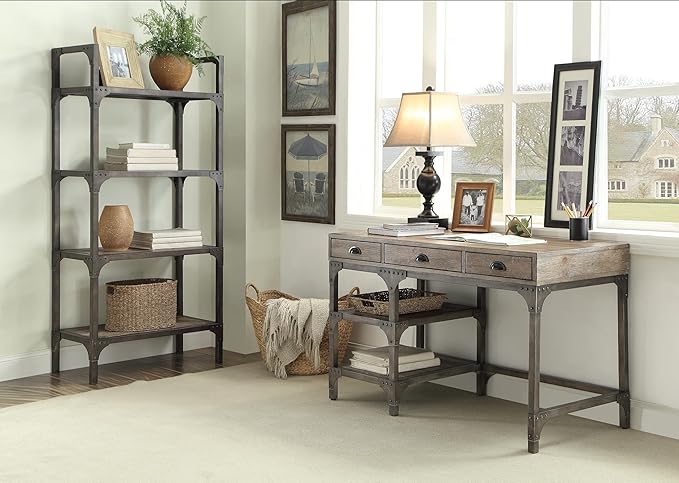 Weathered Oak Finish Writing Desk with Spacious Drawers - Home Office Furniture - Industrial Chic Design
