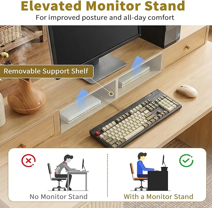 59 L-Shaped Desk with Storage File Drawers Executive Computer Gaming Home Office Desks with Charging Station Corner Work Writing Desk with Monitor Stand Removable Support Shelf (Oak)