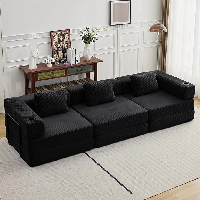 118 Oversized Sectional Couches Convertible Floor Sofa Bed with Cup Holder Boneless Foldable Mattress Cloud Couch with Pillow Back &amp Armrest for Living Room Bedroom Lounge(Corduroy Black)